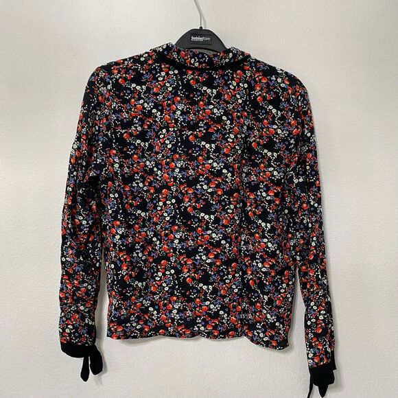 Zara Top Blouse Women's Size M Ribbon Floral Print Long Sleeve Collared - Picture 2 of 12